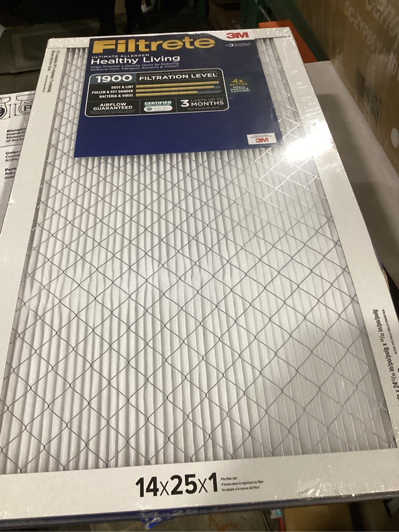 Condition photo showing As Is for filtrete 14x25x1 ac furnace air filter, merv 13, mpr 2200, elite allergen, bacteria & virus filter, 3-month pleated 1-inch electrostatic air cleaning filter, 2-pack (actual size 13.81x24.81x0.78 in)