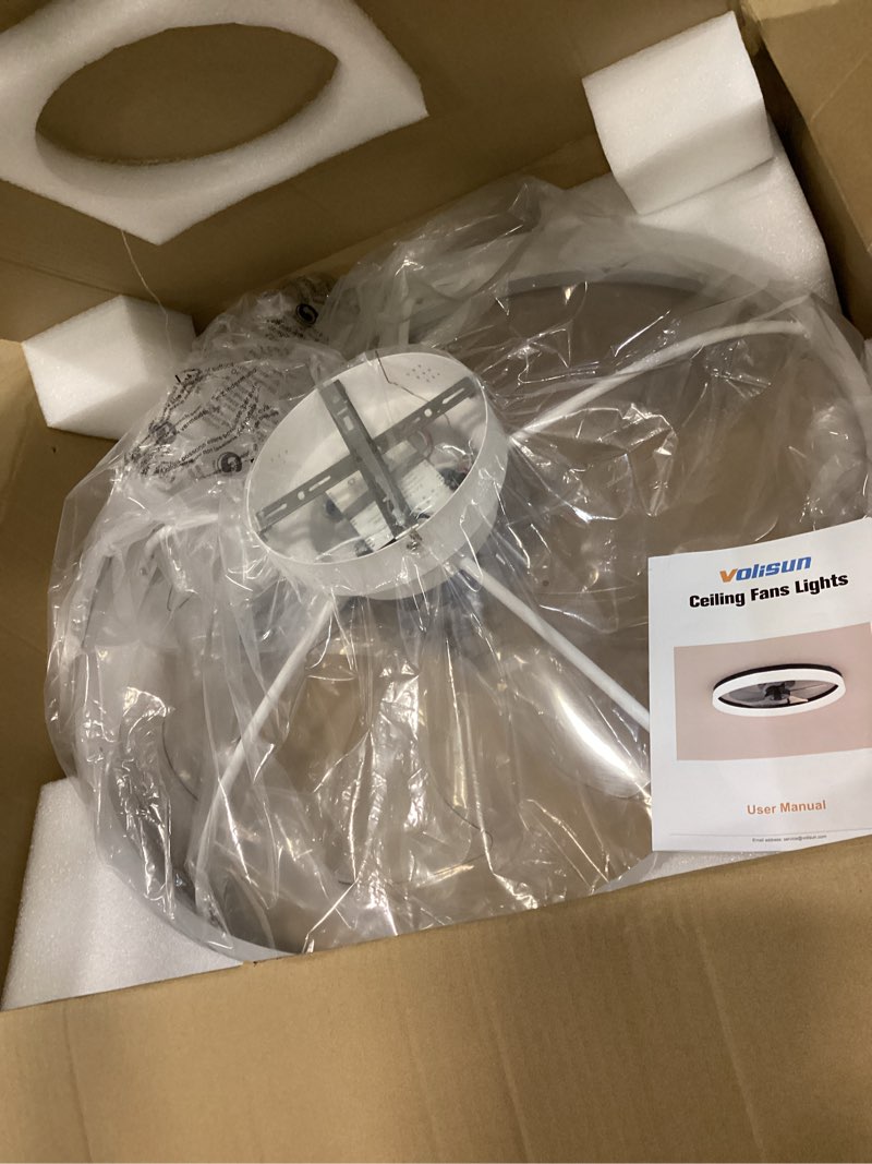 Condition photo showing New/Like New for volisun low profile ceiling fans with lights and remote, 20in fandelier ceiling fan with light, 3000k-6500k dimmable bladeless led fan light, black flush mount ceiling fans with lights for bedroom