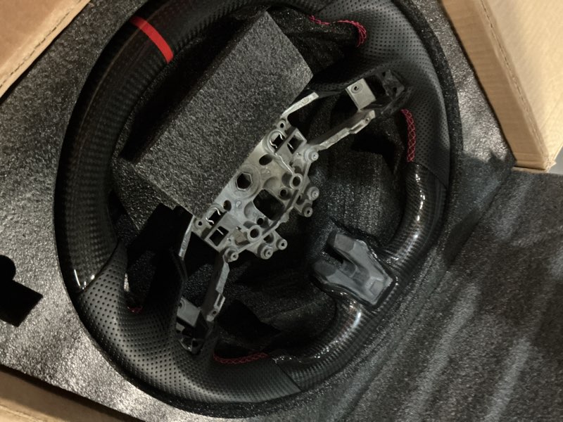 Condition photo showing Good Condition for hydro-dip carbon fiber steering wheel for ford mustang 2015-2017 gt ecoboost v6 shelby gt350, anti-slip perforated leather grip, track style red stripe flat bottom interior upgrade hydro-dip red stripe no trim