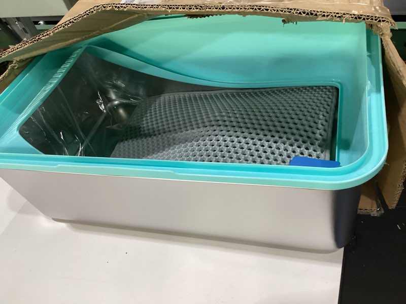 Condition photo showing As Is for stainless steel litter box | xxl deepened 8" design enclosed box with lid for big cats | high sided, anti-urine leakage | non-stick bottom & includes litter mat & metal scoop (turquoise) turquoise xx-large