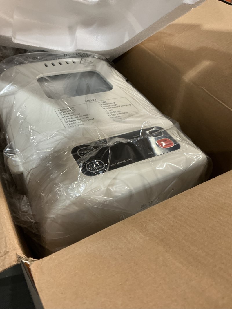 Condition photo showing Good Condition for 22-in-1 compact automatic bread maker machine, 1lb/1.5lb programmable 2 loaf sizes, 3 crust colors, small digital home bakery with dough, cake, jam, yogurt, non-stick pan, white