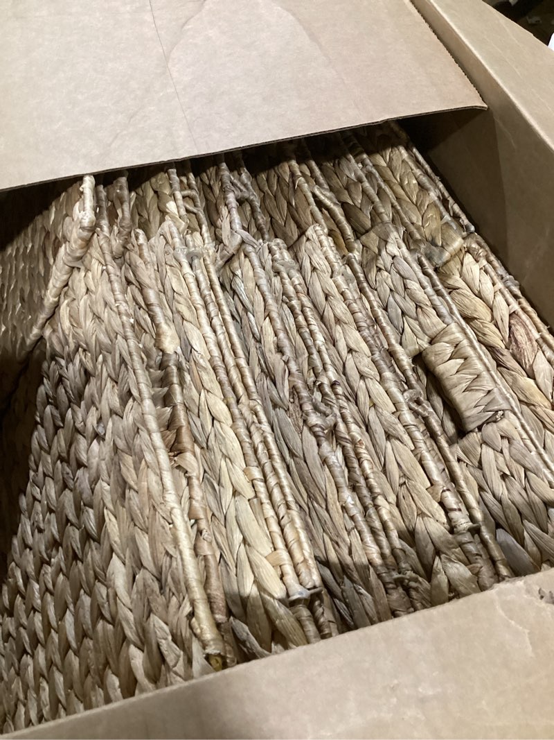 Condition photo showing Good Condition for 12 x 12in water hyacinth storage baskets, wicker storage baskets for shelves, woven baskets for storage, wicker storage basket for bedroom, living room, nursery room (natural 6 packs 12x12in) 12x12x12in natural - 6 packs