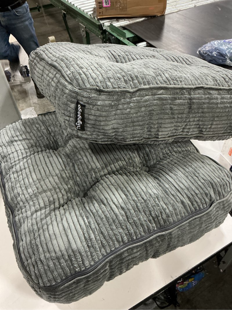 Condition photo showing Good Condition for higogogo square stuffed pouf ottoman, corduroy poufs with foam chunk filling, furry and fluffy pouf foot stool storage ottoman, 21 x 21 floor poufs foot rest for living room, dark grey