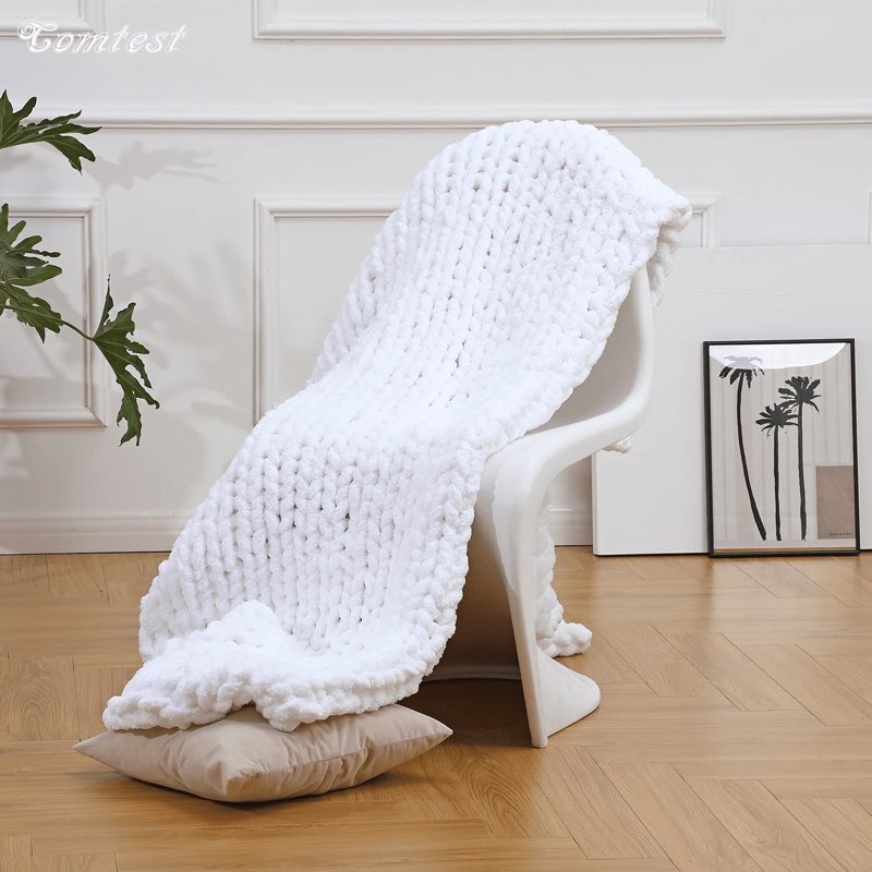 comtest chunky knit throw blanket chenille, white, 40"x60"(love seat)