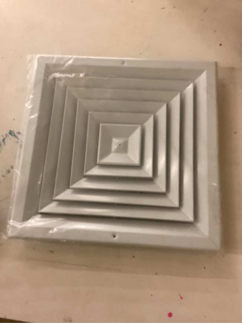 Condition photo showing New/Like New for 12x12 inch (duct opening) air vent cover - 4-way ac & ceiling register vent cover with extruded aluminum core hvac ceiling diffuser - air conditioner grille with opposing blades damper by aclaminaire 12" x 12" duct hole