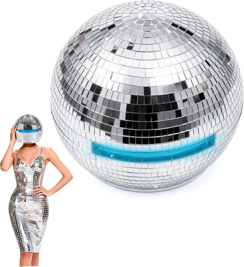 Sabary 15.75 Inch Disco Ball Helmet Adult Silver Glitter Glass Hat Novelty Punk Disco Ball Costume C