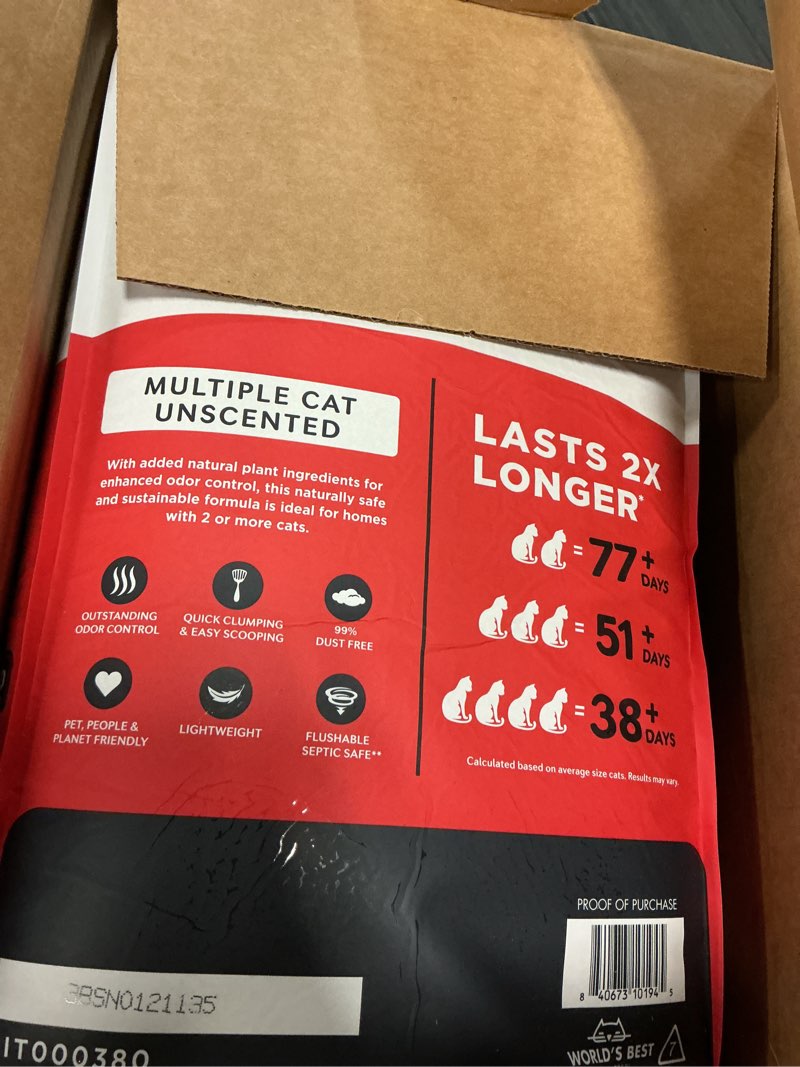 Condition photo showing Good Condition for world's best cat litter multiple cat unscented, 32-pounds - natural ingredients, quick clumping, flushable, 99% dust free & made in usa - long-lasting odor control & easy scooping