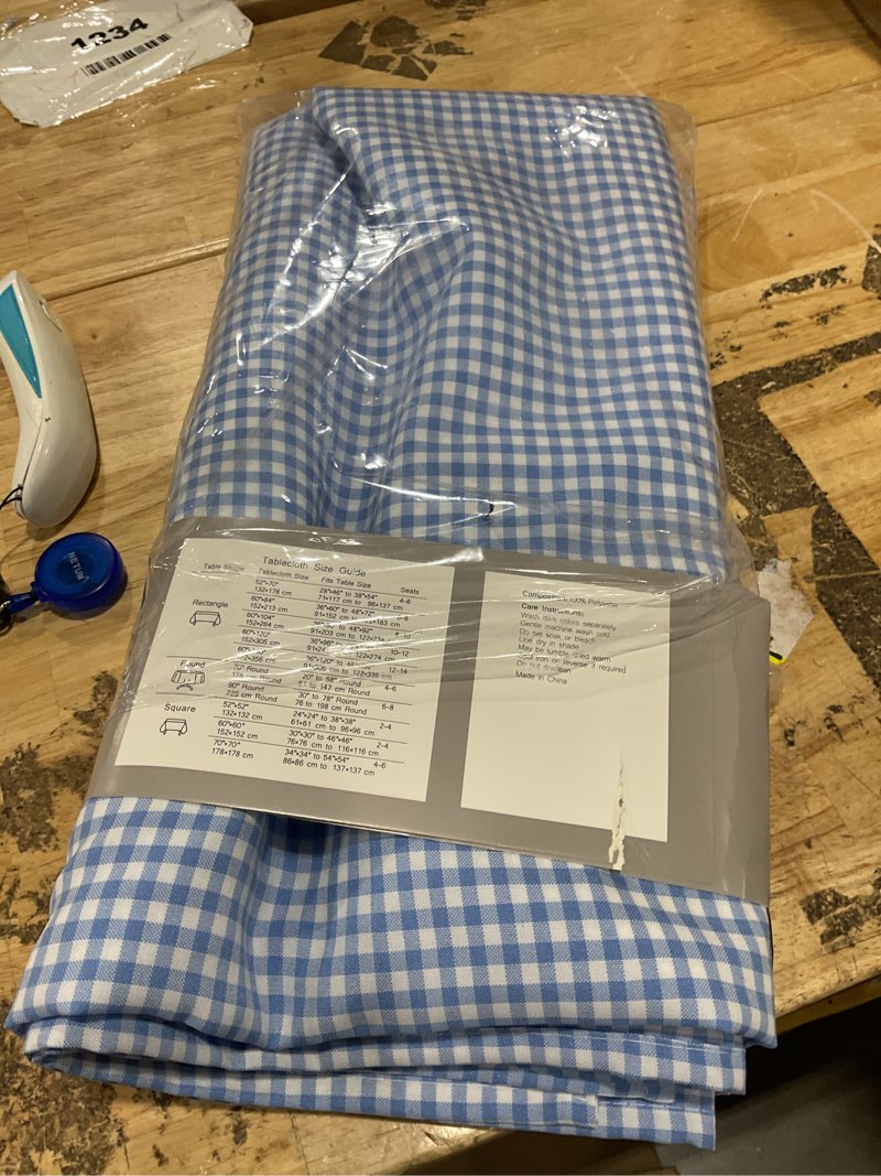 Condition photo showing Good Condition for maxmill checkered rectangle tablecloth for dining room water resistance antiwrinkle spillproof heavy weight soft gingham plaid kitchen table cloth for holiday dinner, 60  inch light blue white  (rectangular) light blue white