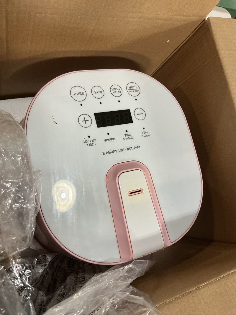 Condition photo showing As Is for GreenLife Digital Rice Cooker, 2-Cups Uncooked/4-Cups Cooked, Removable Nonstick Ceramic PFAS-Free Pot, One-Touch Presets, Oats, Quinoa, Brown Rice, Auto Keep Warm, Fuzzy Logic Tech, 1.5QT, Pink Rice Maker Pink