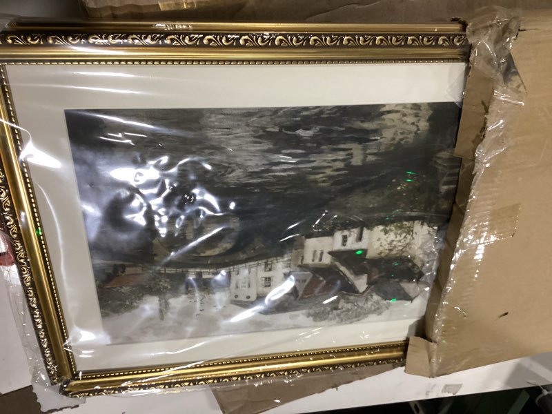 Condition photo showing Good Condition for InSimSea Retro Gold Framed Wall Art, Home Room Riverside Small Town Vintage Wall Decor, Canvas Print Artwork, Farmhouse Country Decor, Antique Picture Frame Landscape Paintings, 16x20 Inch Small Town 20L" x 16W"