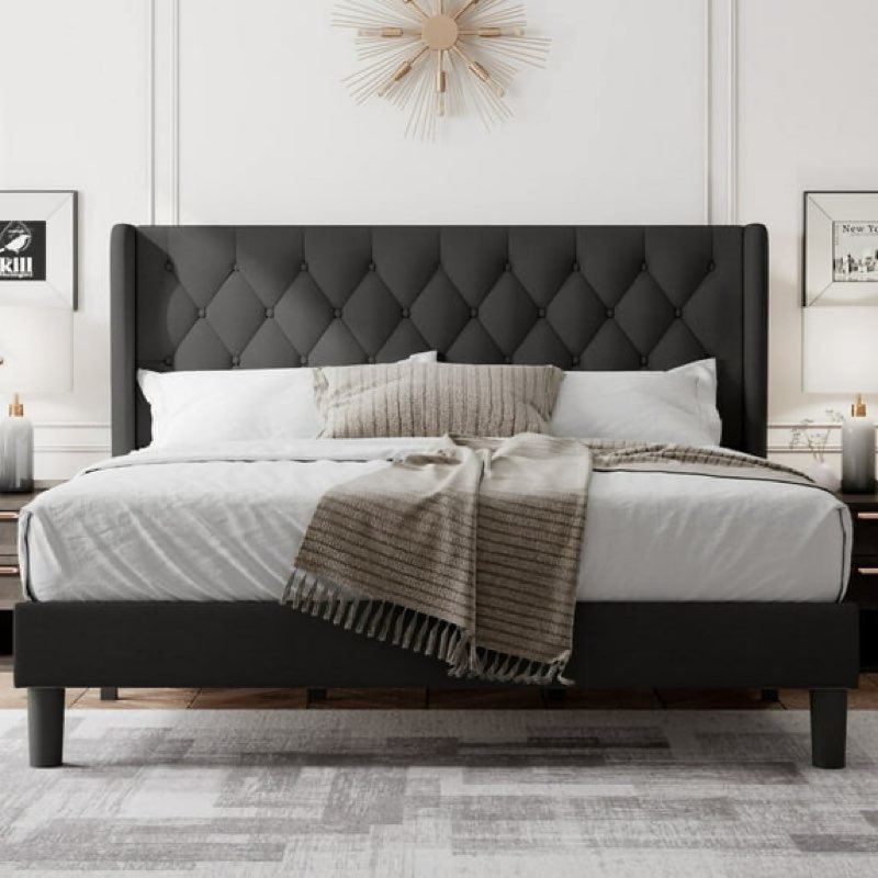 Feonase King Platform Bed Frame, Velvet Upholstered Wingback Bed Frame, Solid Wood Slats & Heavy Dut