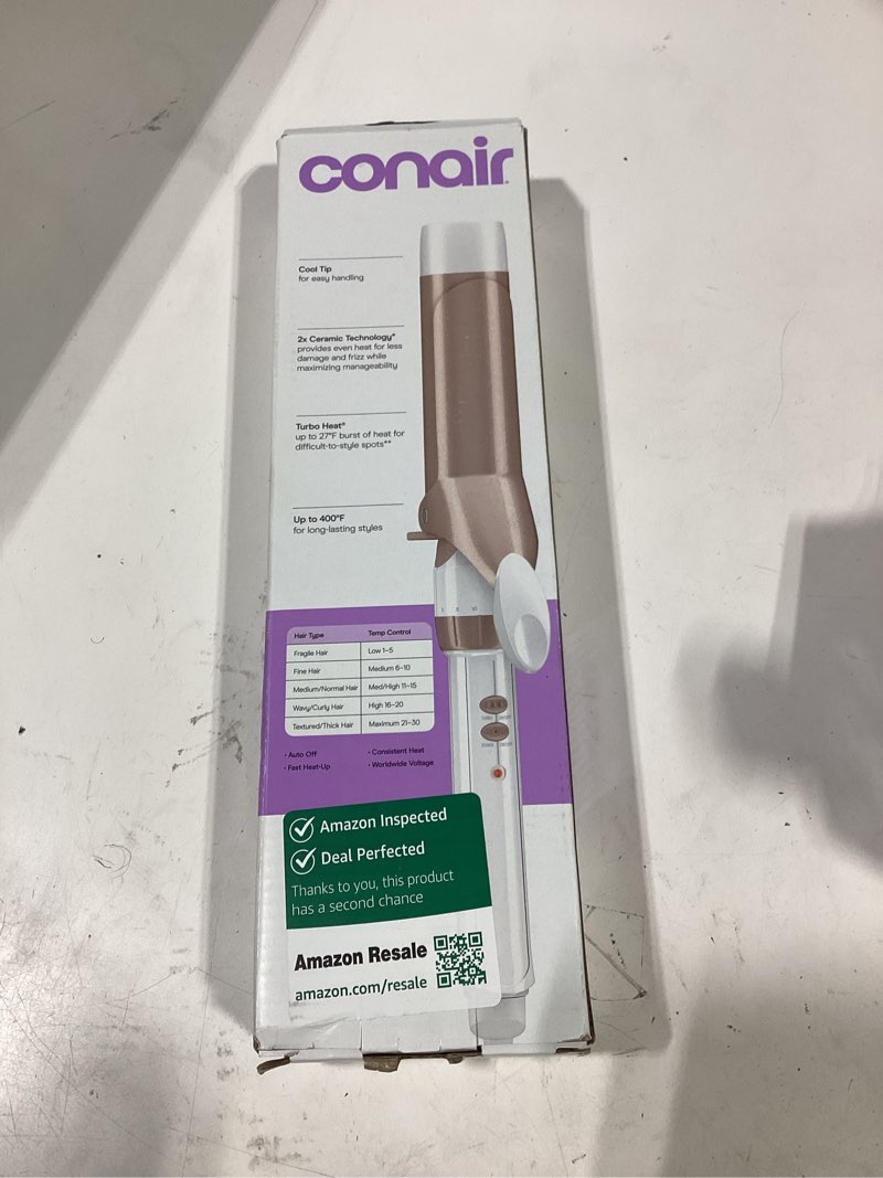 Condition photo showing As Is for conair double ceramic 1 ½-inch curling iron, 1 ½-inch barrel creates soft waves & curls, hair curler for use on medium & long hair, white/rose gold white/rose gold 1.5 inch