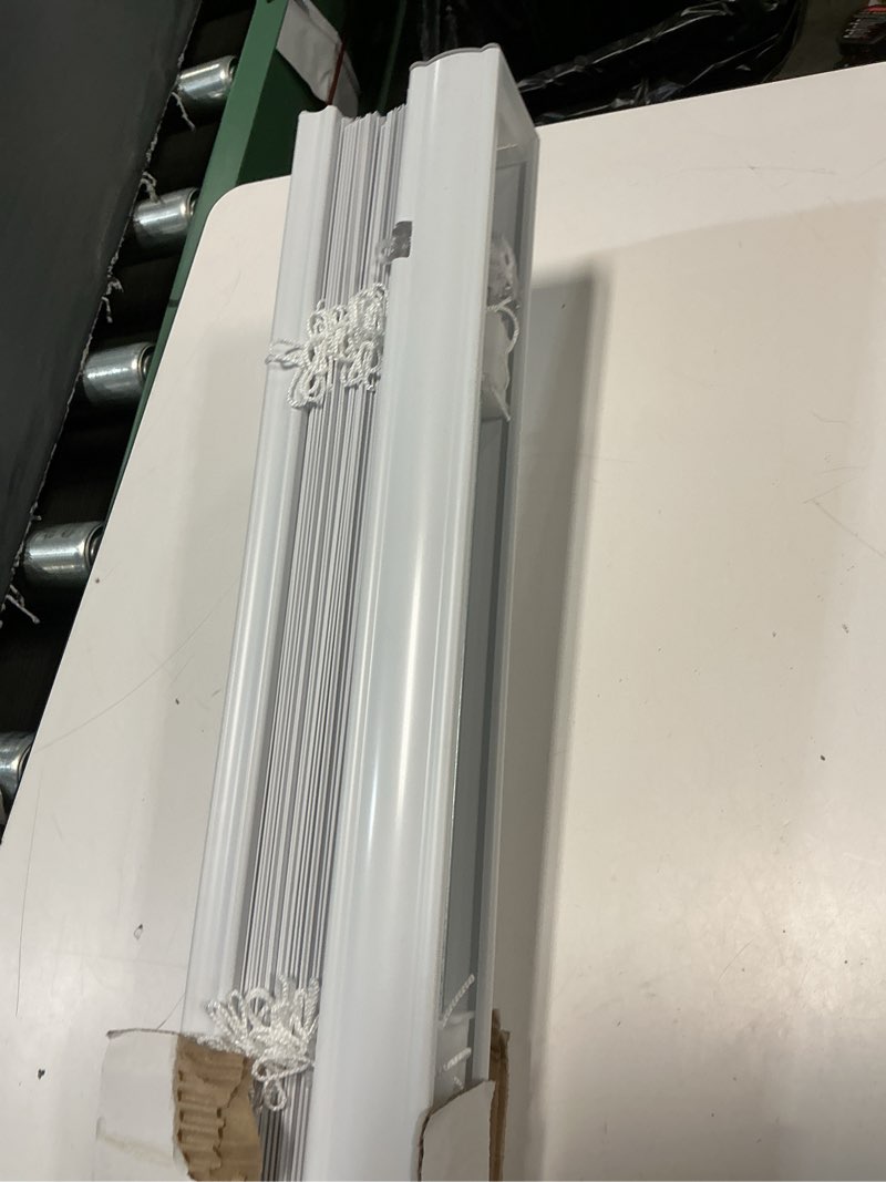 Condition photo showing As Is for project source premium 2-in slat width 43-in x 64-in cordless white vinyl room darkening horizontal blinds