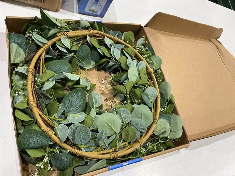 Condition photo showing As Is for homekaren eucalyptus wreaths for front door 22", handmade green leaves wreath for summer, spring and all seasons, greenery floral wreath for wall and outside green 22 inch