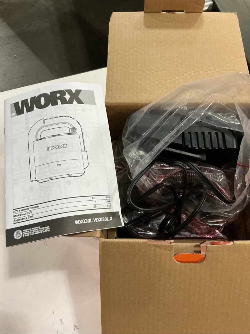 Condition photo showing Good Condition for WORX WX030L 20V Power Share Cordless Cube Vac Compact Vacuum, Black with battery and charger
