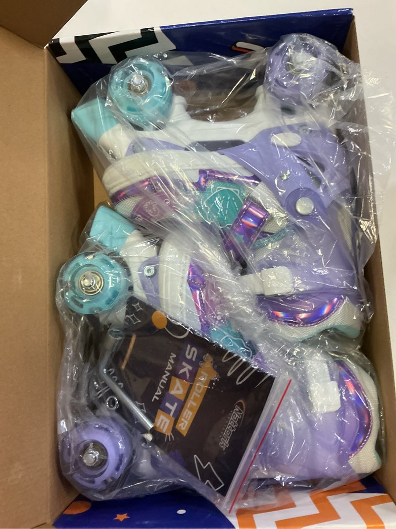 Condition photo showing New/Like New for mammygol adjustable kids roller skates for girls or boys underwater landscapes quad skates with all light up wheels for indoor outdoor sports purple(medium size 1-4)
