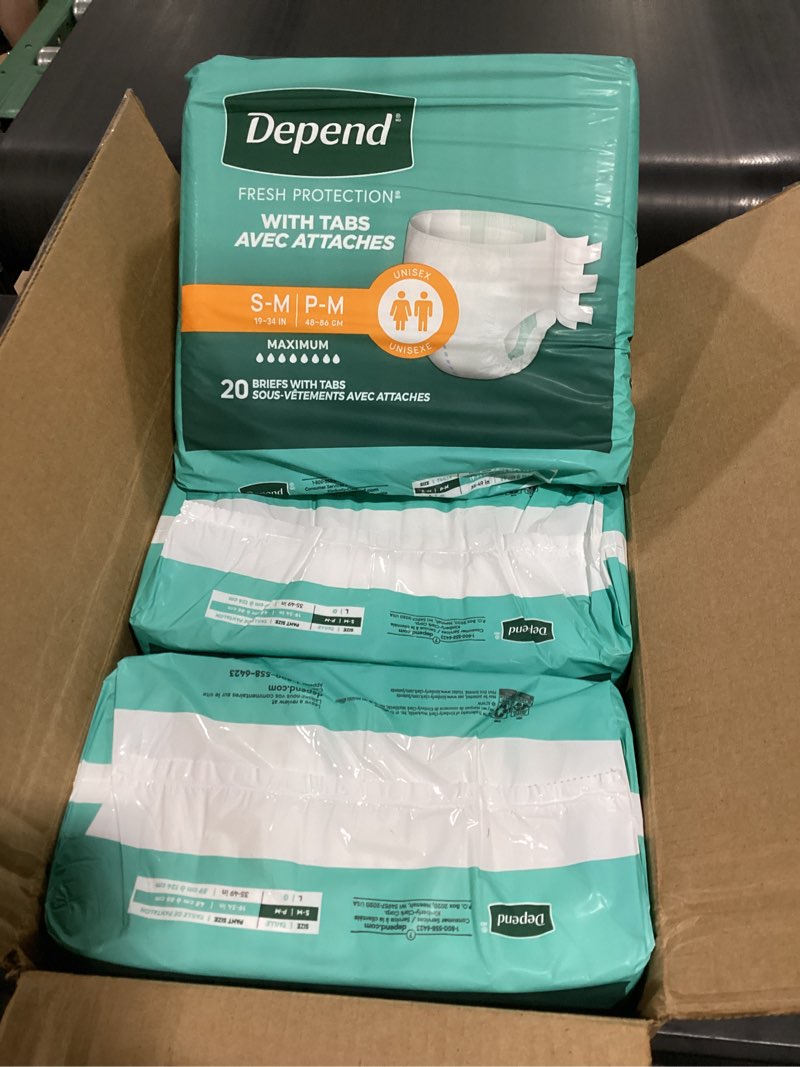 Condition photo showing Good Condition for depend adult diapers with tabs, incontinence protection with tabs, unisex, small/medium (19–34" waist, up to 170 lbs), maximum absorbency, 60 count (3 packs of 20) small/medium 60