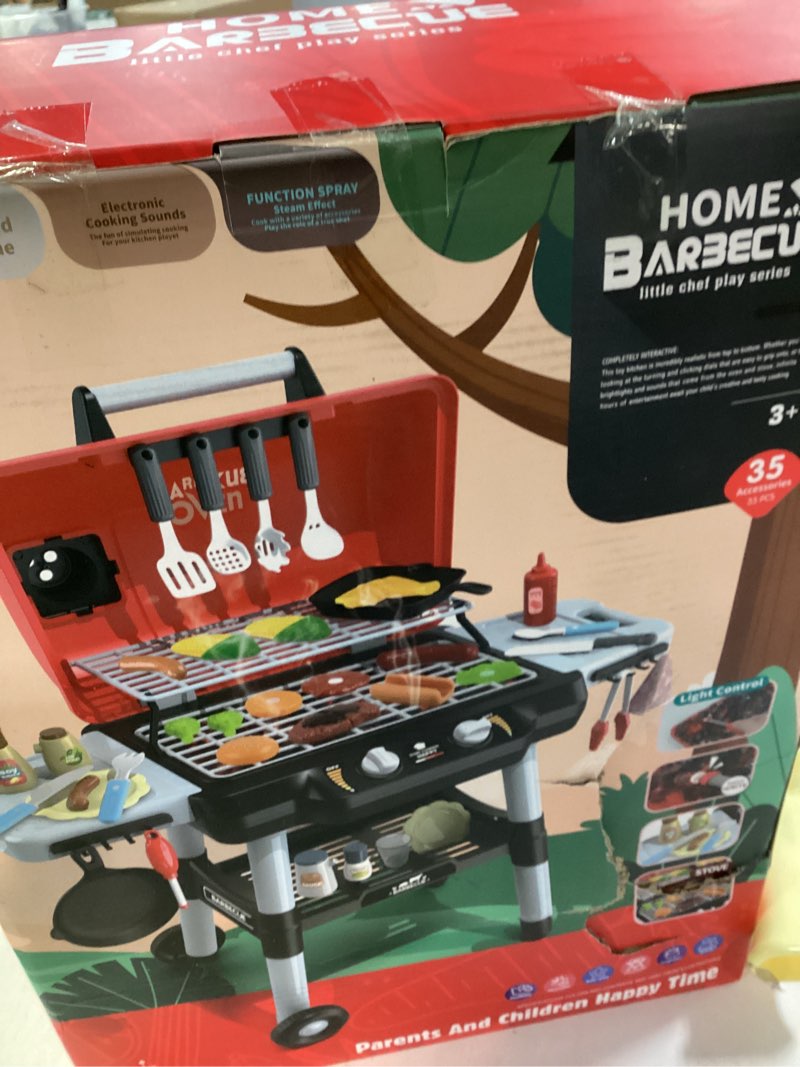 Condition photo showing New/Like New for kids play kitchen toys, kids bbq grill playset with smoke sound light, 2-layer barbecue toy with wheels, outdoor play food toys cooking set for toddlers 3-5, birthday for boys girls black