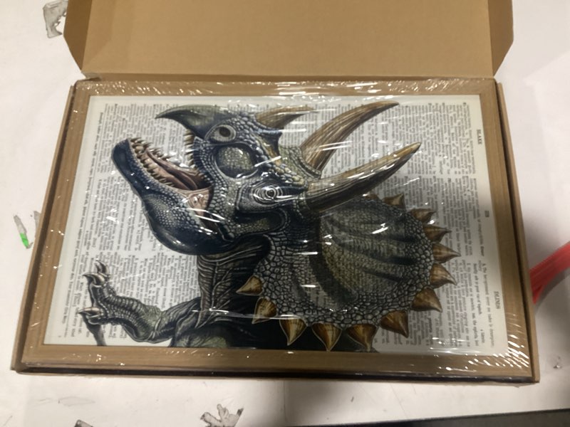 Condition photo showing As Is for Ovczax 3 Pieces Dinosaur Canvas Wall Art - Tyrannosaurus Rex, Triceratops, Velociraptor Decor For Kids Room Game Room, Living Room, Bedroom 16" x 12" Dinosaur 16"L x 12"W