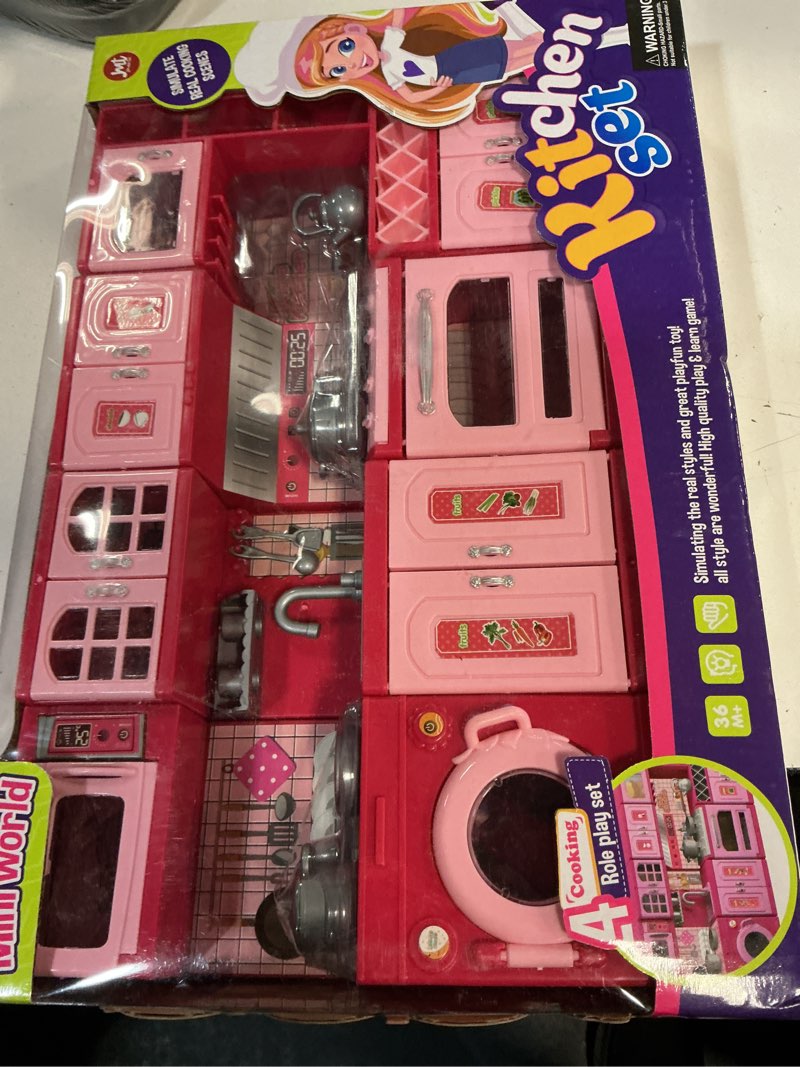 Condition photo showing New/Like New for mini play kitchen set - 4 in 1 doll kitchen house toy with cooking toys  cooking pretend play toys for toddler