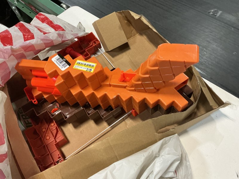 Condition photo showing As Is for nerf minecraft pillager's crossbow dart blaster, 6 n1 darts compatible only n series blasters, 6 dart capacity, ages 8+ standard packaging