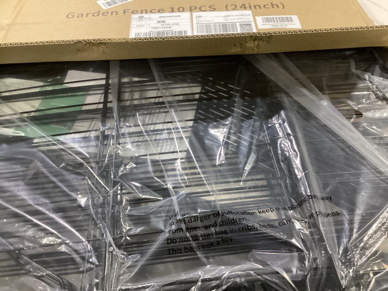 Condition photo showing As Is for 10 panels no dig decorative outdoor garden fence, 24in (h) x20ft (l) animal barrier fencing for dog, arched flower bed edging, rustproof metal wire panel border with temporary ground stakes black 10 panels - 24 in(h) x 20 ft(l)