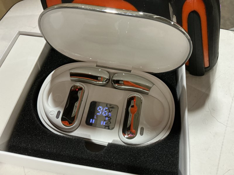 Condition photo showing Good Condition for open ear headphones, bluetooth 5.4 wireless earbuds with ear hooks, 60h playtime, ai clear call, led display charging case, ipx7 waterproof sports earphones for running workouts commute, white off white