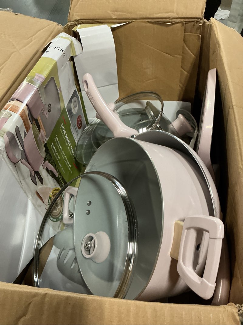 Condition photo showing As Is for T-Fal Refresh Ceramic Pots and Pans Set, Nonstick Cookware, 20-Piece, Oven Safe to 350°F, Ceramic Cookware Set, Stockpot, Griddle, Frying Pans, Utensils, Dusty Rose