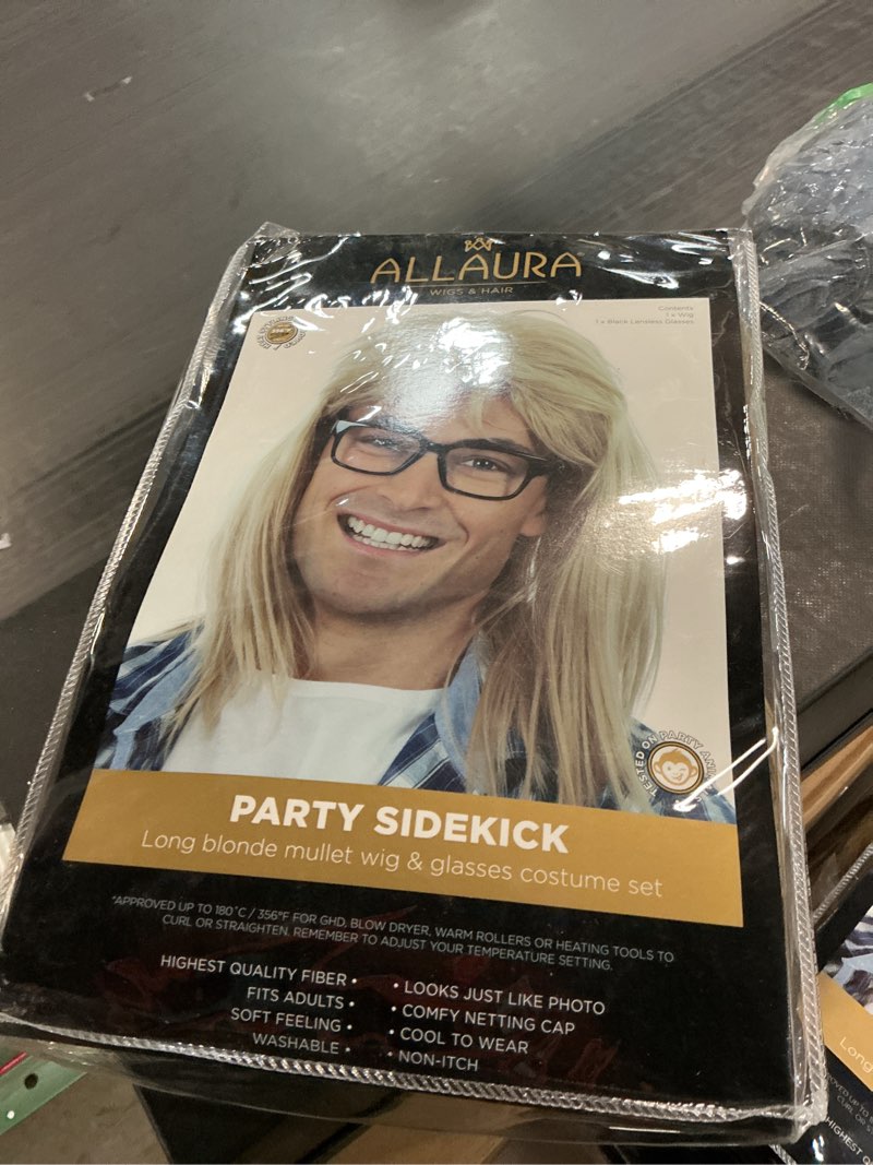 Condition photo showing New/Like New for ALLAURA Compatible with Garth Wig – Blonde Mullet Wig + Black Glasses for Men – 80s 90s Rocker, Punk, Heavy Metal Costume – Funny Halloween Couples Outfit, Party Cosplay, Garth & Wayne Duo Look Blonde+Accessories