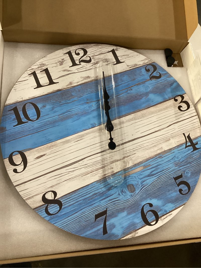 Condition photo showing Good Condition for XNM 20 Inch Large Wall Clocks for Living Room Decor Blue and White Quiet Wall Clock Wood Rustic Battery Wall Clock Analog(No Solid Wood, It is with MDF Material) 20 Inch Blue2
