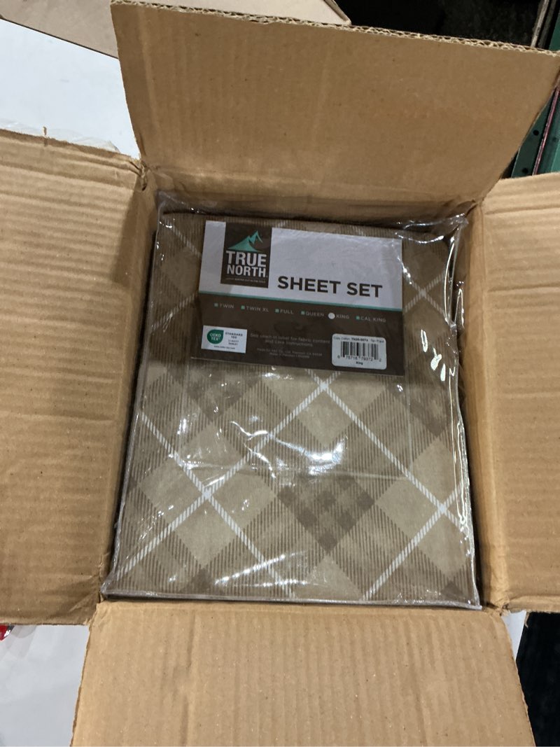 Condition photo showing Good Condition for True North by Sleep Philosophy Cozy Flannel Warm 100% Cotton Sheet - Novelty Print Animals Stars Cute Ultra Soft Cold Weather Bedding Set, King, Tan Plaid 4 Piece Tan Plaid King