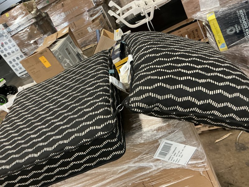 Condition photo showing As Is for origin 21 25-in x 25-in 2-piece black helix jacquard deep seat patio chair cushion
