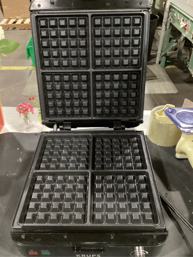 Condition photo showing Good Condition for krups 4-slice belgian waffle maker: stainless steel, 5 browning levels, audible ready beep, removable plates, 1200w, silver/black, large waffle maker family size, great for family breakfasts