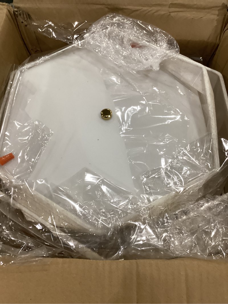 Condition photo showing As Is for 18" semi flush mount ceiling light fixture, 3-light linen drum ceiling light with white fabric shade, modern gold ceiling light fixture for bedroom, living room, kitchen, dining room, hallway 18“ gold