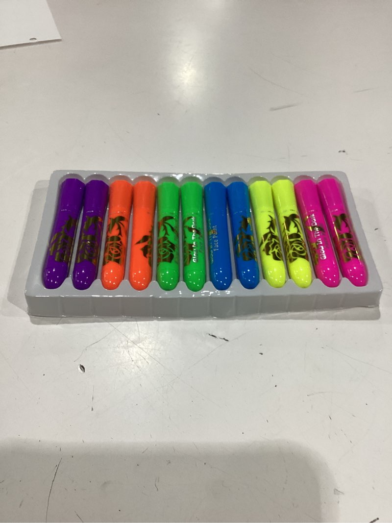 Condition photo showing New/Like New for 12 pcs glow face body paint, glow in the dark under uv black light sticks makeup neon face painting kits for adult halloween festival accessory glow party supplies
