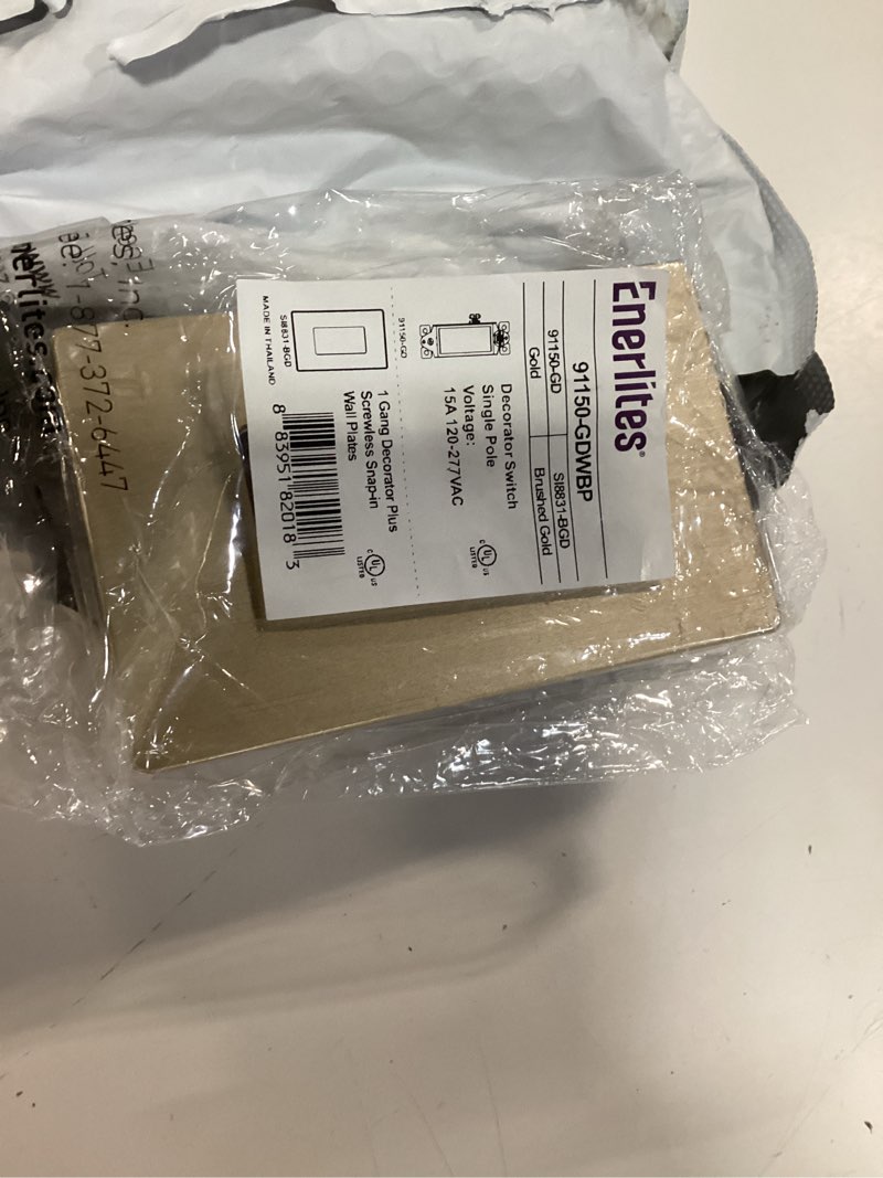 Condition photo showing Good Condition for enerlites elite series decorator light switch with brushed screwless wall plate, single pole, 3 wire, grounding screw, residential grade, 15a 120v, ul listed, 91150-gdwbp5p, brushed gold (5 pack) wall plate included brushed gold 5