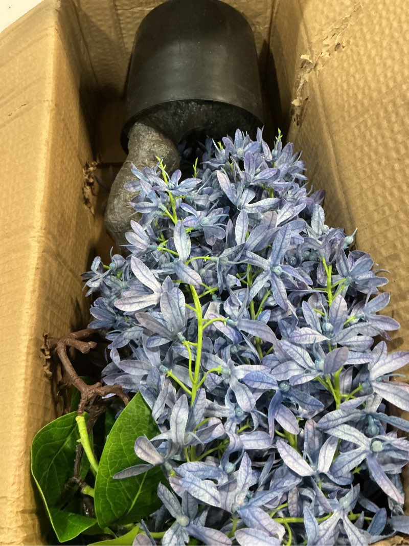 Condition photo showing Good Condition for artificial flowers 18.5" tall with silk wisteria flower arrangement and realistic wood fake bonsai tree plants faux plants for spring home bedroom office bathroom blue coffee table centerpiece decor blue-18.5 1ft 5in