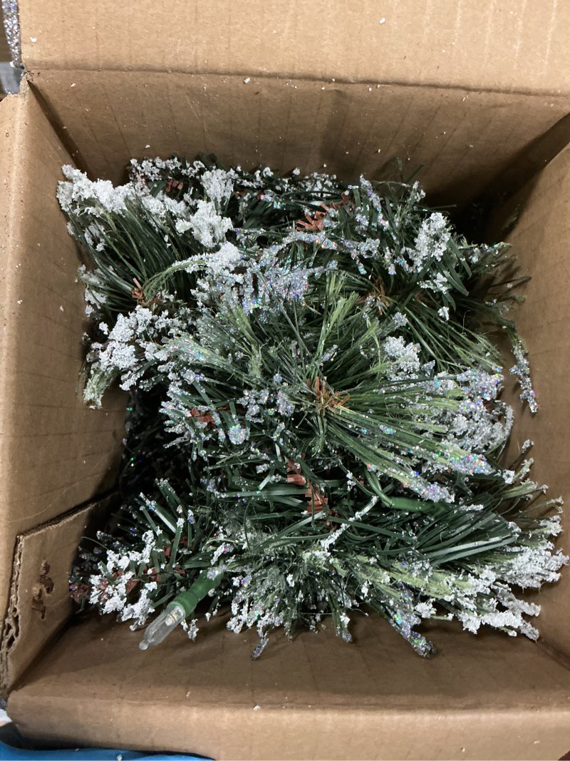 Condition photo showing As Is for National Tree Company 6 ft Pre-Lit Glittery Bristle Artificial Christmas Garland, Christmas Decoration with Pinecones, 50 Clear LED Lights, 138 Tips, Timer, Green