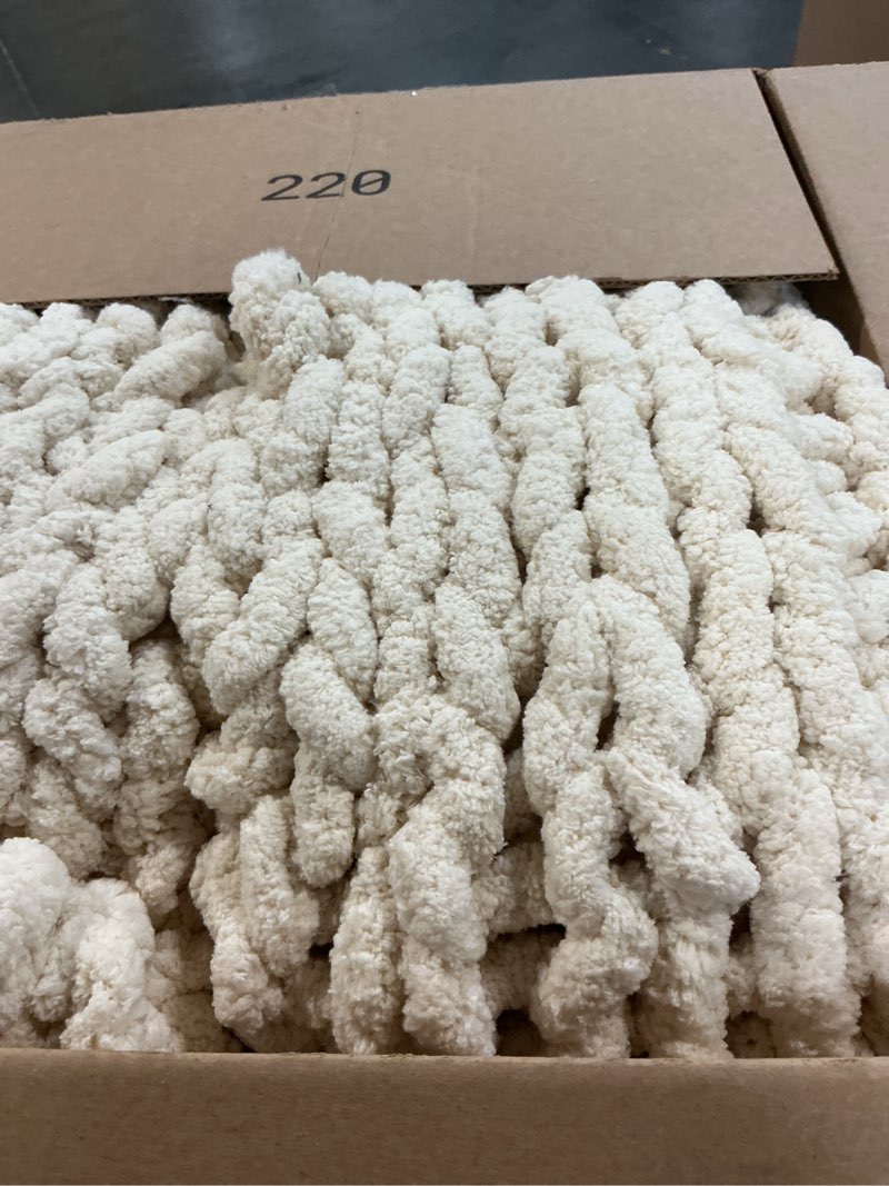 Condition photo showing As Is for bigacogo chunky knit throw blanket for couch, 60x80 inches, 100% hand knitted with thick jumbo chenille yarn, cozy soft large rope knot cable crochet blankets for sofa bed living room, beige beige 60"x80" (over size throw?