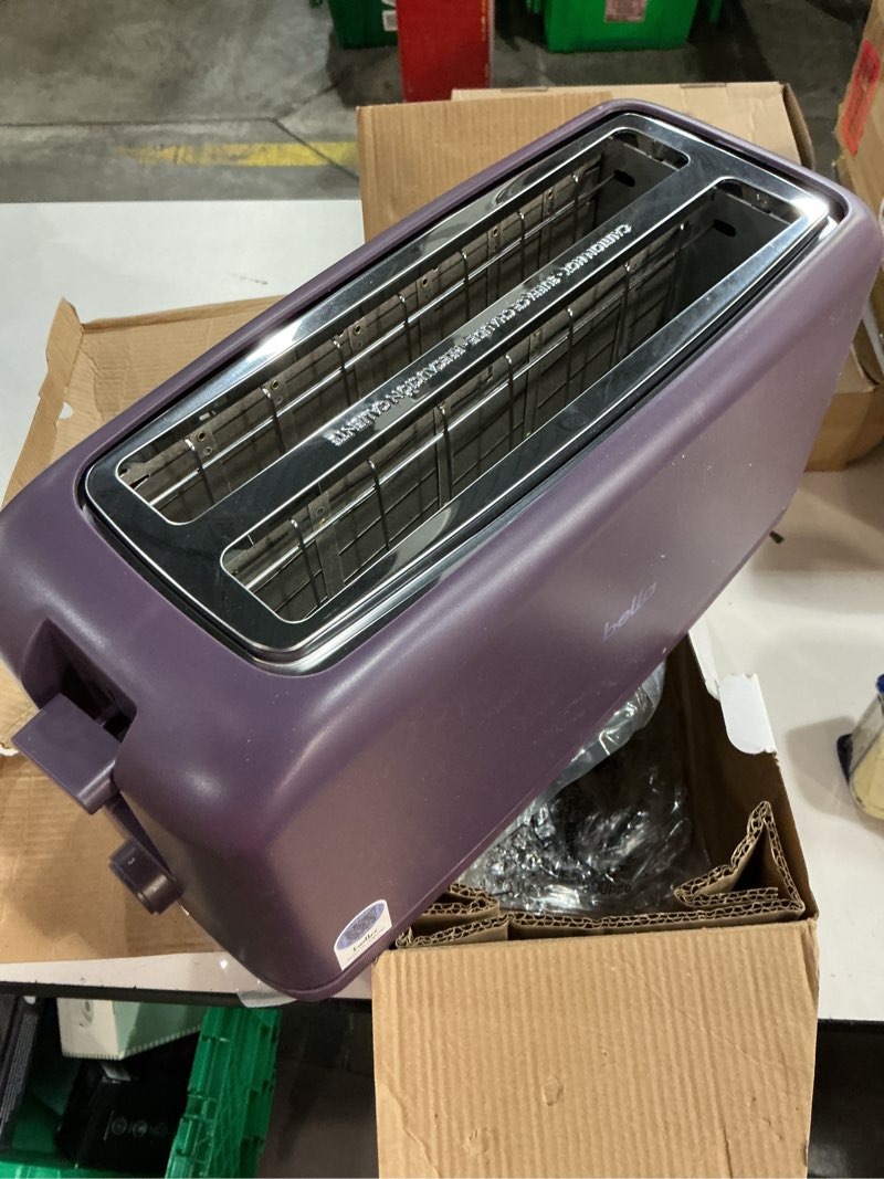 Condition photo showing New/Like New for bella 4 slice slim toaster, fits-anywhere™ kitchenware, 6 setting shade control with reheat & cancel buttons, fits sourdough, 10” long slot, anti jam & auto shutoff, 900 watt, plum 4 slice plum