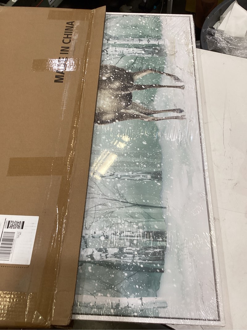 Condition photo showing New/Like New for framed nature landscape wall art, large white forest canvas prints paintings artwork for walls, modern animal deer and bird pictures for living room bedroom dining room hallway wall decor, 24x36 in 36"l x 24"w deer and cardinals in winter forest