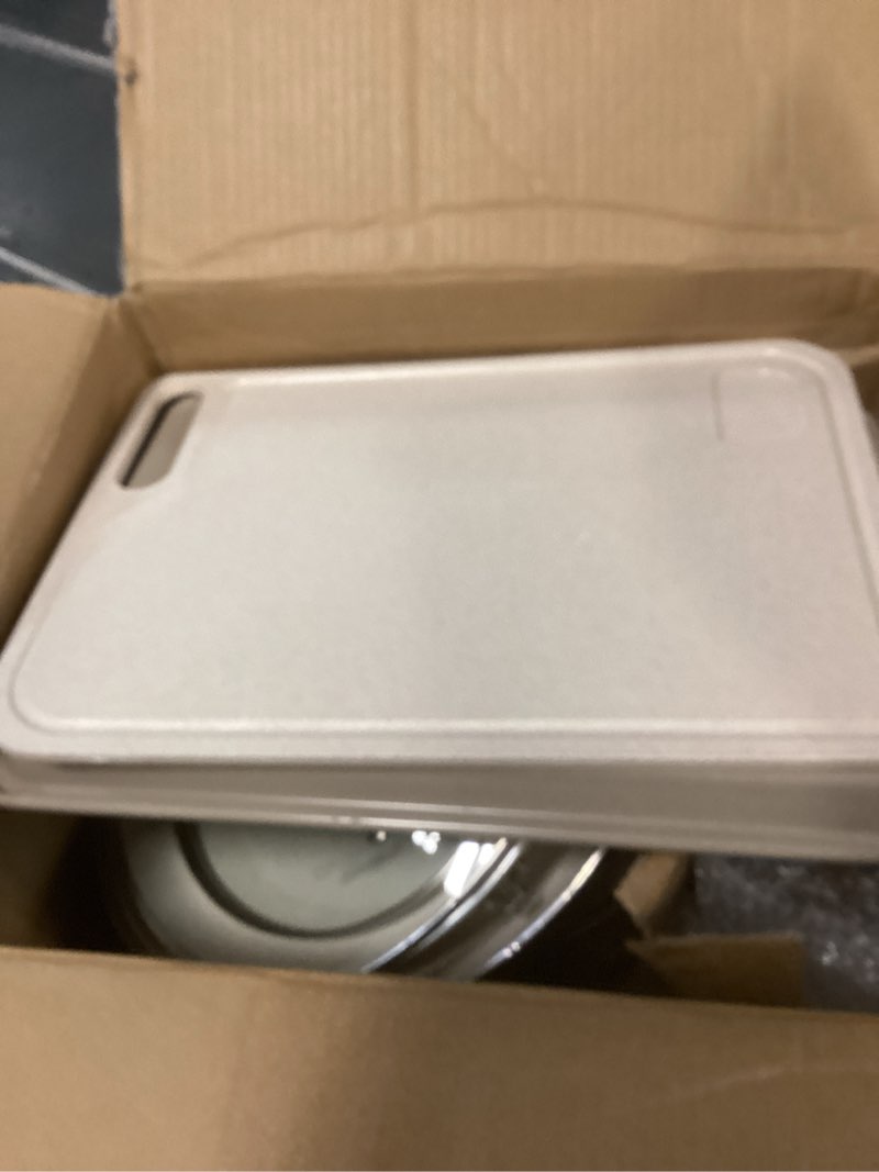 Condition photo showing As Is for ONGIFT 23 Pcs Pots and Pans Set Nonstick, Kitchen Cookware Sets, with Frying Pan, Saucepan, Saute Pan, Lightweight Cooking Set with Stay-Cool Wood Print Handles, NO PFAS and PFOA, Light Wood Light Wood 23 Piece