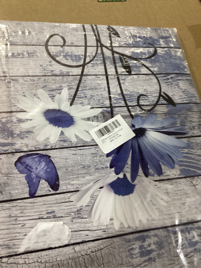Condition photo showing Good Condition for HVEST Farmhouse Floral Wall Art for Living Room, Blue and White Daisy Flower and Butterfly on Rustic Wood Board Canvas Wall Art Framed Artwork Ready to Hang for Bathroom Bedroom Decor, 20L X 16W Blue 20"L x 16"W