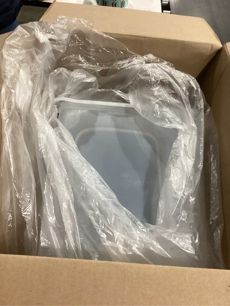 Condition photo showing As Is for IRIS USA 30 Lbs / 33 Qt WeatherPro Airtight Pet Food Storage Container with Attachable Casters, For Dog Cat Bird and Other Pet Food Storage Bin, Keep Fresh, Translucent Body, Easy Mobility, Navy 30 lbs Navy