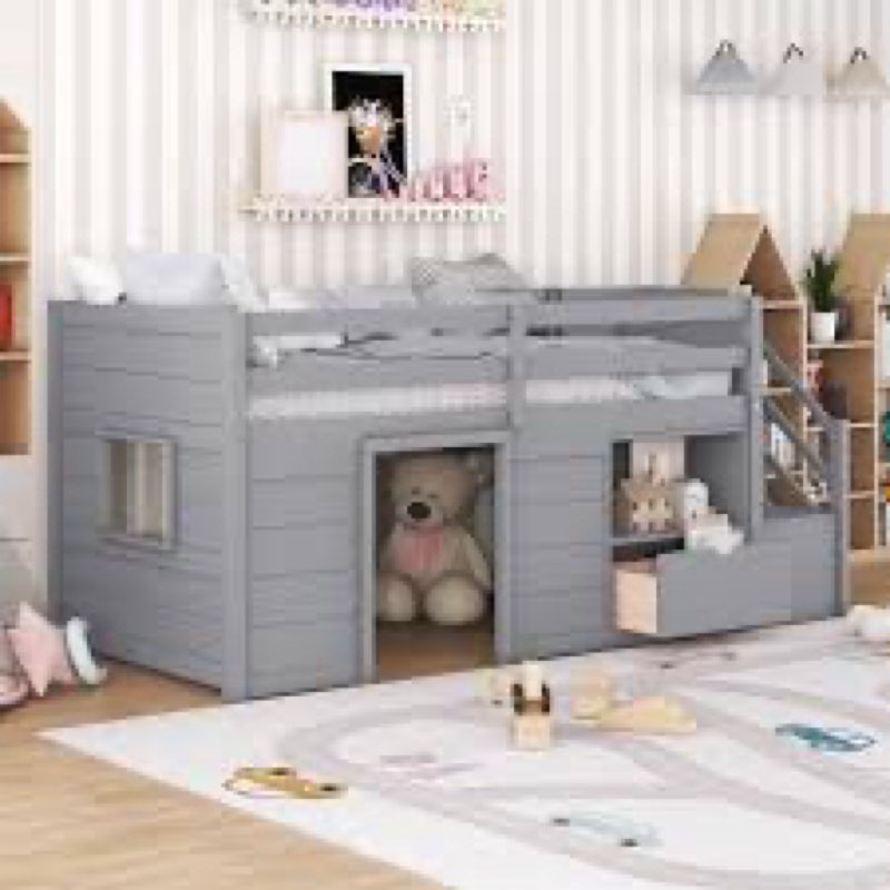 Okak House Bunk Bed with Ladder and Safety Guardrail Loft Bed with Playhouse Twin Over Full Bunk Bed for Kids, Girls or Boys Loft, No Box Spring Needed,Strong Solid Wood Slats Support,Antique Grey incomplete missing box 2