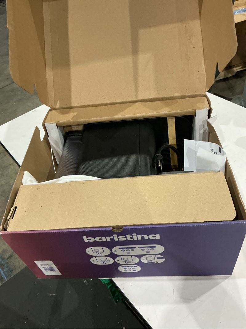 Condition photo showing As Is for philips baristina espresso machine, grind, tamp & brew coffee beans in one swipe, compact, 16 bar pump pressure, automatic grinder, black with black portafilter (bar300/60) espresso machine black