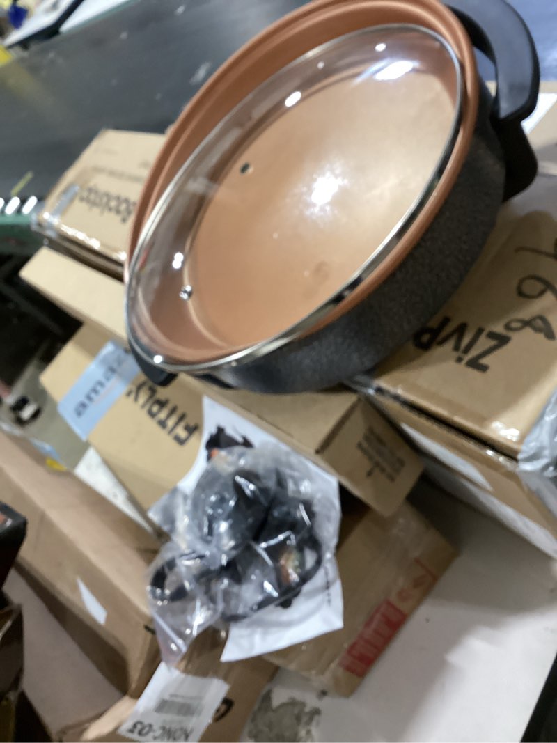 Condition photo showing As Is for ovente 11.5-inch electric skillet & frying pan, 1400w nonstick cooking pan with adjustable temperature control, tempered glass lid with steam vent, cool-touch handles, easy-clean copper sk11112co 11.5 inch - copper