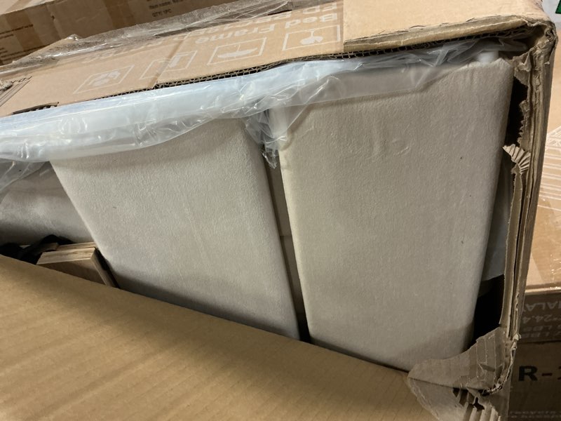 Condition photo showing Good Condition for twin size bed frame with upholstered wingback headboard, modern fabric platform bed with wooden slats, no box spring needed, easy assembly, 500lbs high weight capacity, beige beige twin