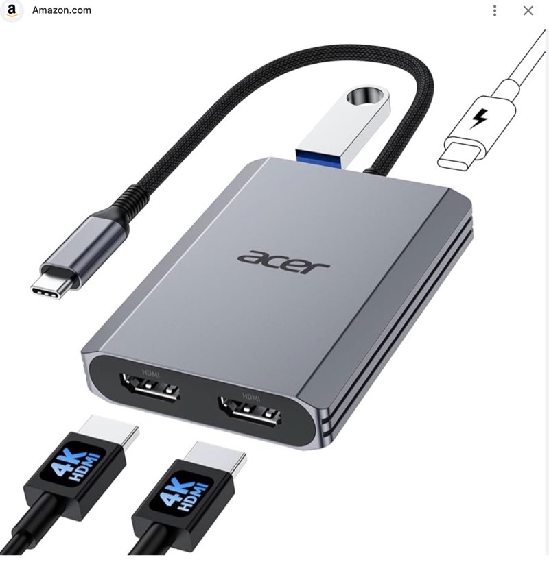 acer 4-in-1 usb c hub, type c to dual hdmi adapter 4k@60hz, hdmi splitter for dual monitors with 100w pd port, usb 3.0, dual monitor adapter compatible with acer, xps, hp, macbook neo/air/pro(0.65ft)