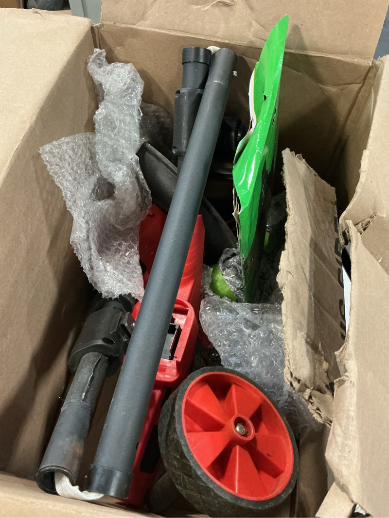 Condition photo showing As Is for 20000rpm electric weed wacker cordless with wheel,12"electric weed eater battery powered,4-in-1 heavy duty brush cutter/string trimmer/grass trimmer/edger,stringless metal blade weed trimmer,2 battery black red